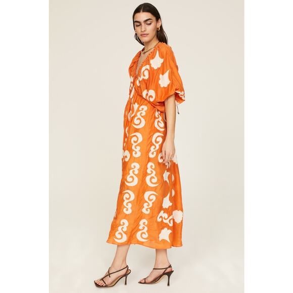 CHUFY Orange White Design Cupro Blend 3/4 Sleeves Lucia Maxi Dress Size Medium - Picture 2 of 16